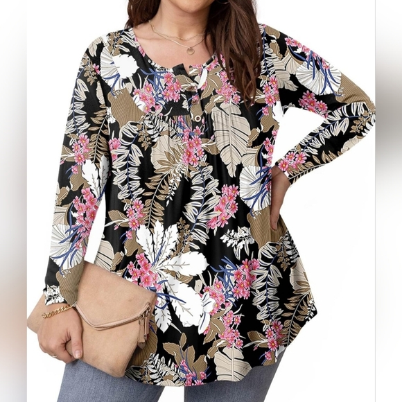 Womens 2X Tunic Tops Button Henley Casual V Neck Long Sleeve Pleated Blouse - Picture 1 of 10
